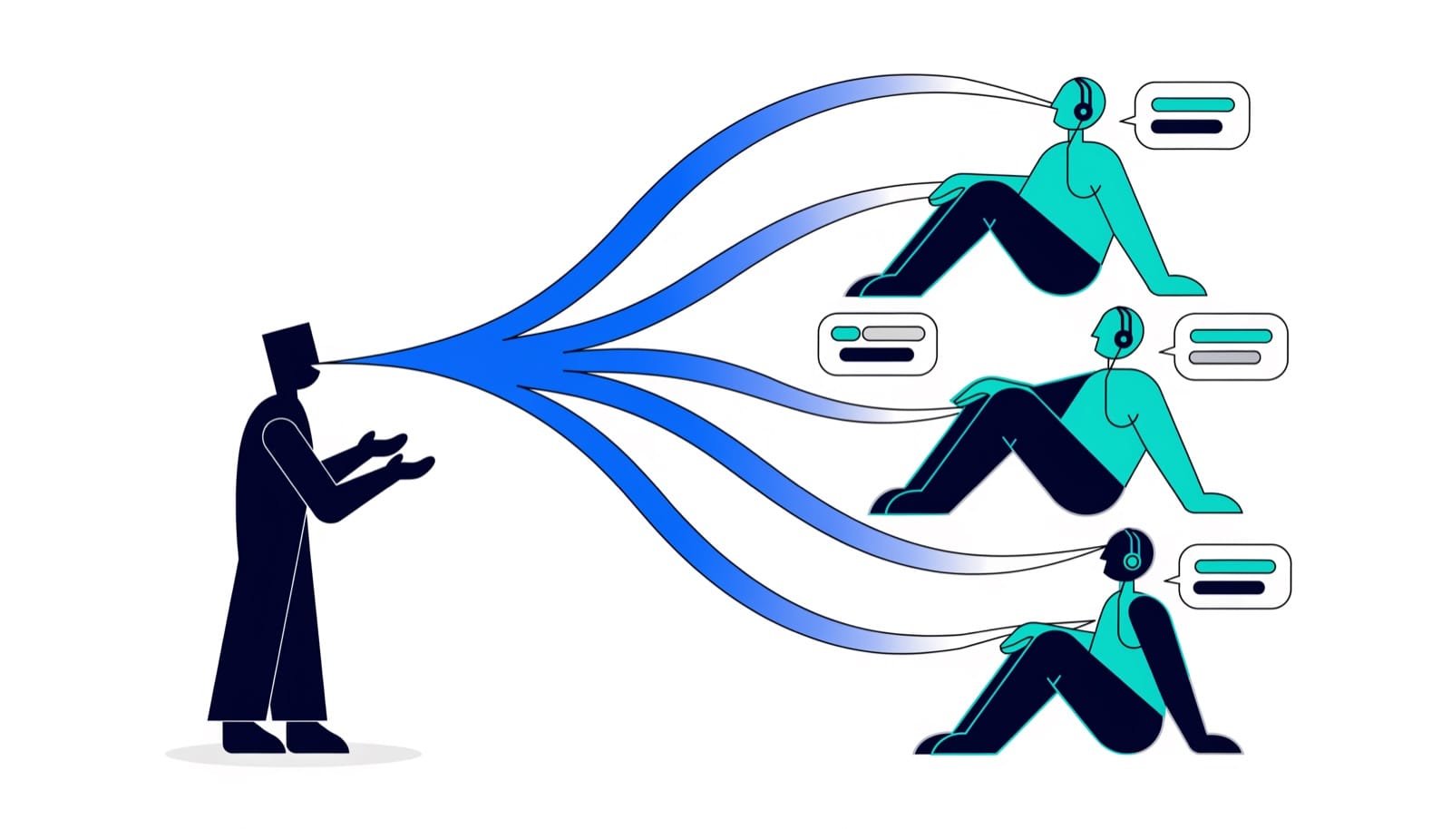 A guide speaking while the speech stream splits into separate translated streams reaching listeners with earphones and live captions.