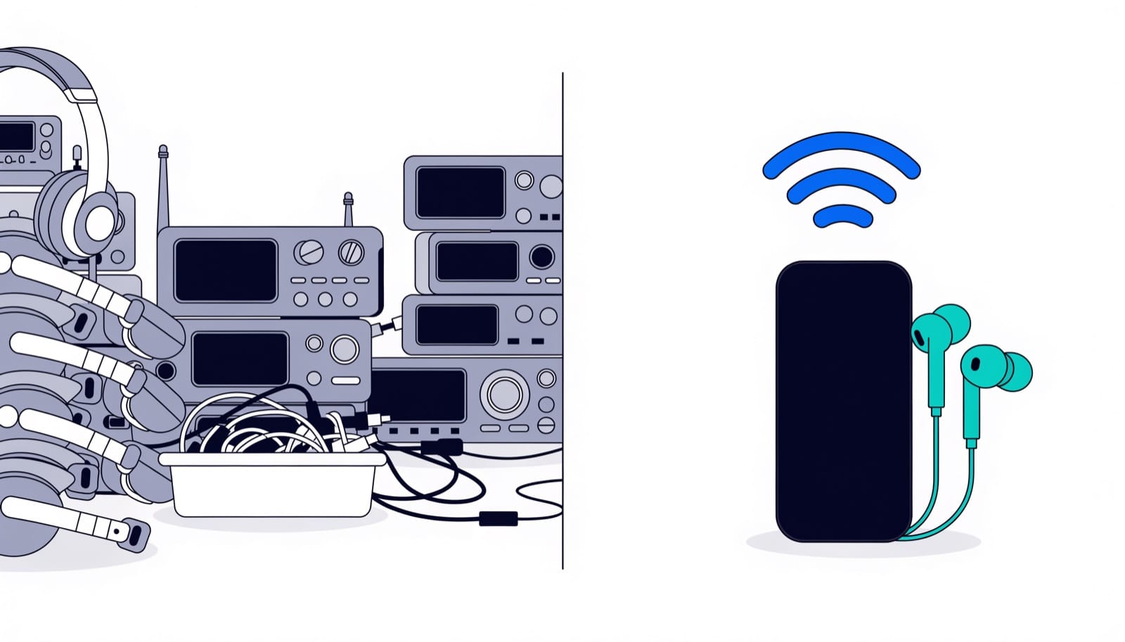 A cluttered pile of rented radio receivers and tangled charging cables next to a single phone with its own earphones.