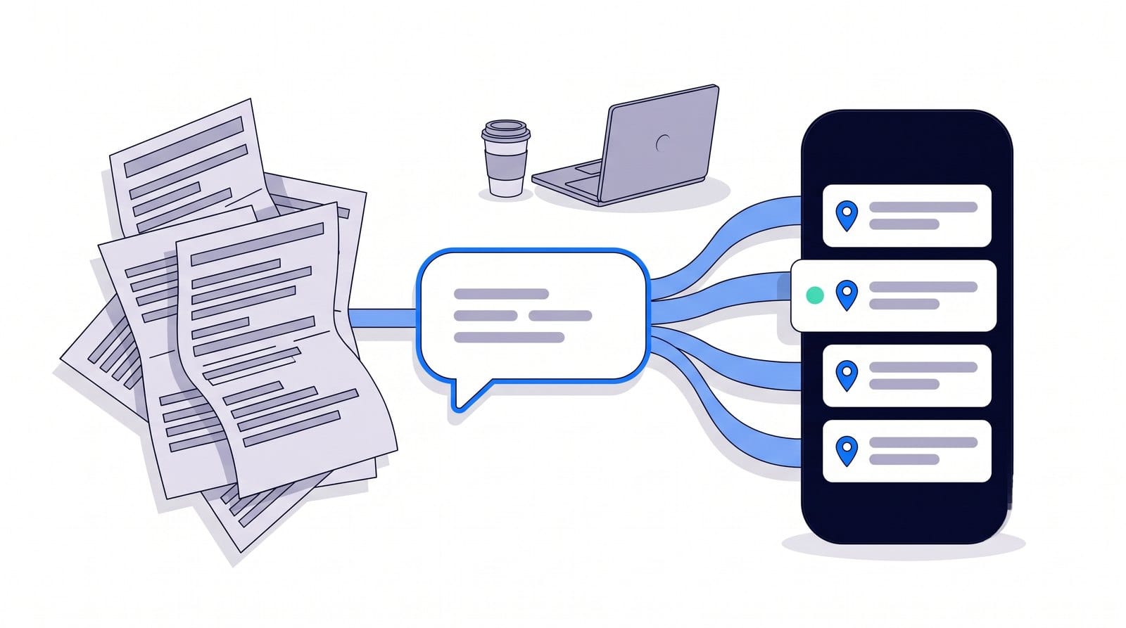 Illustration: a stack of printed itineraries passes through a chat bubble and becomes a list of tour stops on a phone screen.