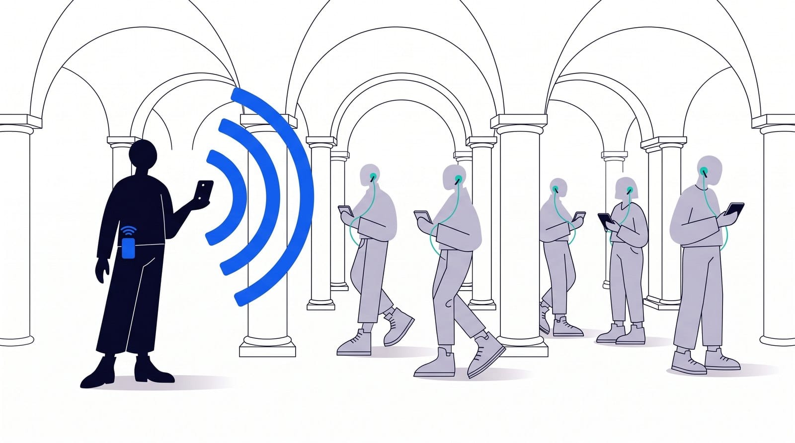 Illustration: a guide with a phone and a pocket WiFi router at the belt broadcasts inside a vaulted stone hall while guests listen on their own phones and earphones.