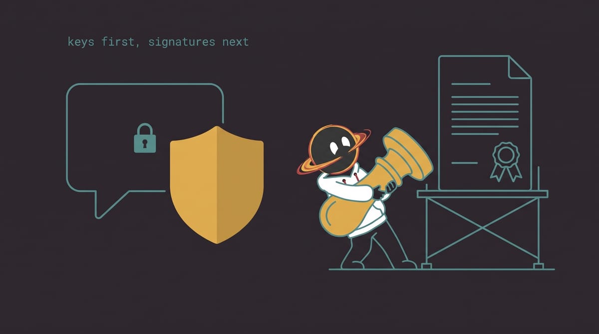 A chat bubble already protected by a gold shield, and the Cosmo mascot carrying a heavy seal stamp toward a certificate on scaffolding