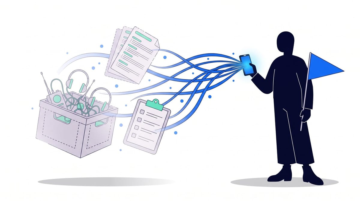Illustration: a tour guide holds up a glowing phone while rented receivers, printed itineraries and a clipboard fade away and stream into it; the guide keeps a small blue flag under one arm.