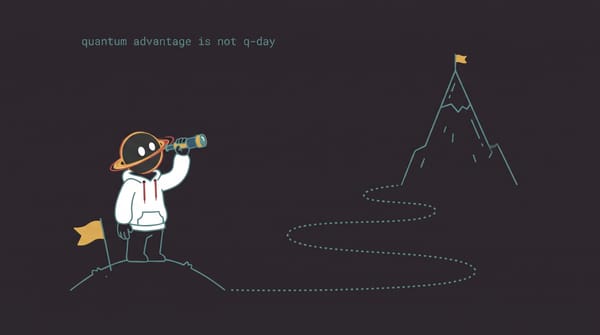 The Cosmo mascot on a small hill with a flag, looking through a telescope at a distant mountain peak